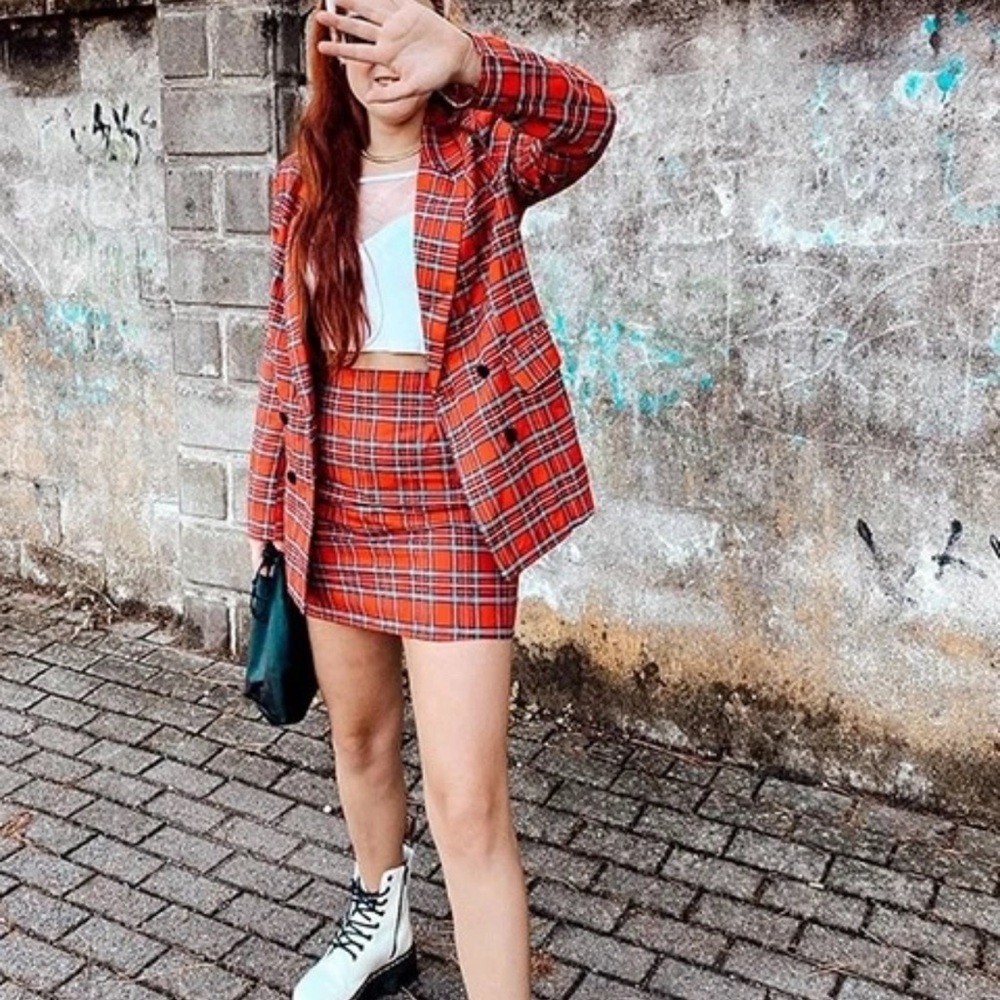 2 piece skirt set: Double Breasted Tartan plaid Blazer & mini Skirt red - Picture 3 of 11